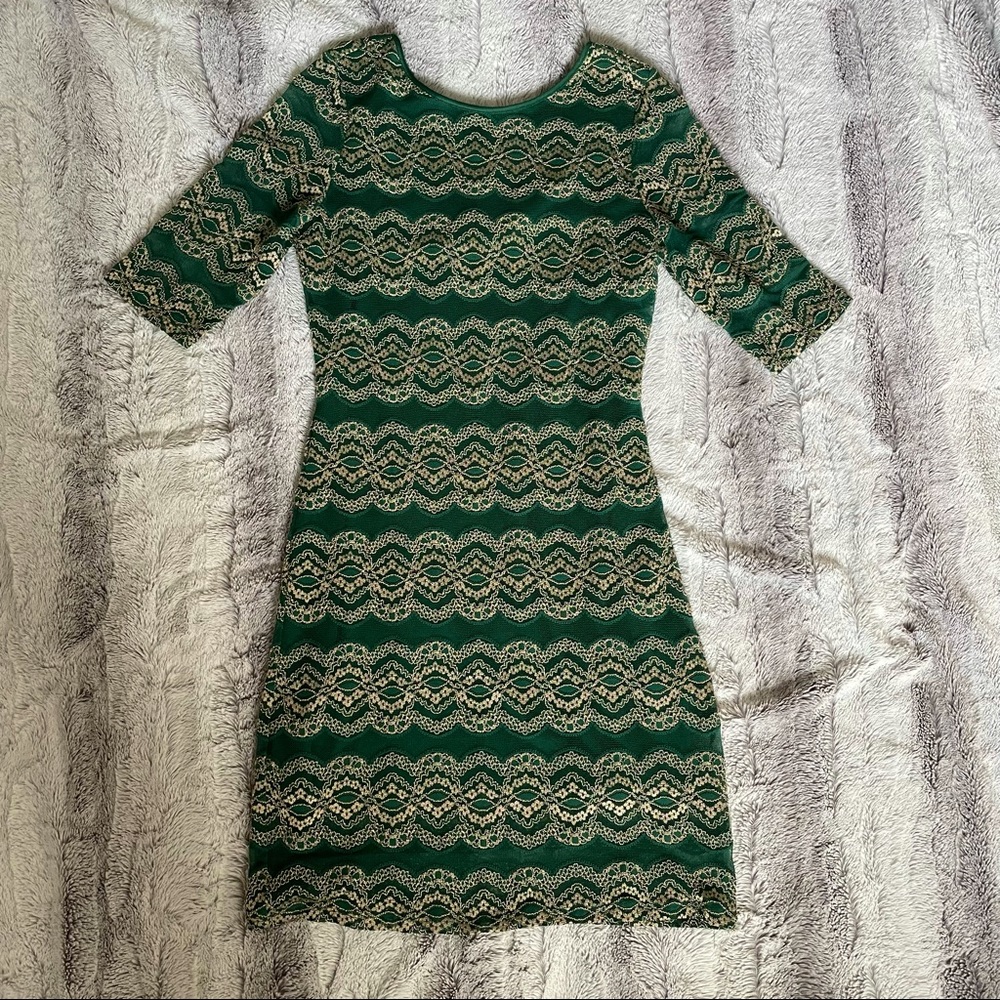 Gianni Bini | Emerald and gold lace bodycon dress size Medium